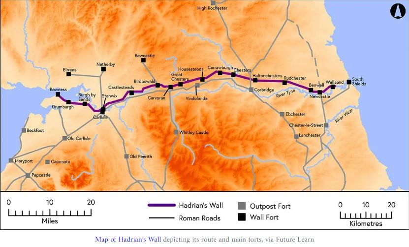 Hadrian's Wall. Emperor ordered the construction of a wall to protect the empire from northern threat (the Picts)